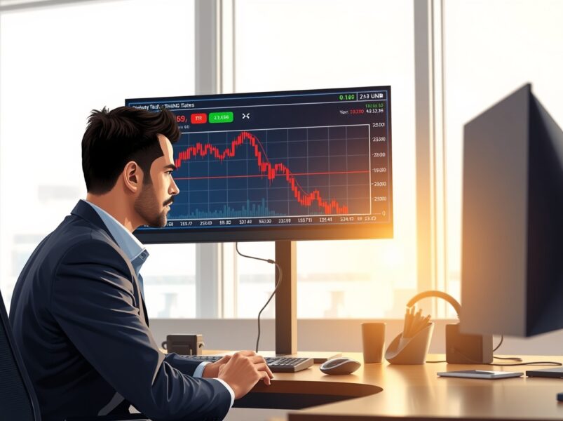 Trader monitoring USD/INR forex chart showing decline amid US-Iran diplomatic developments