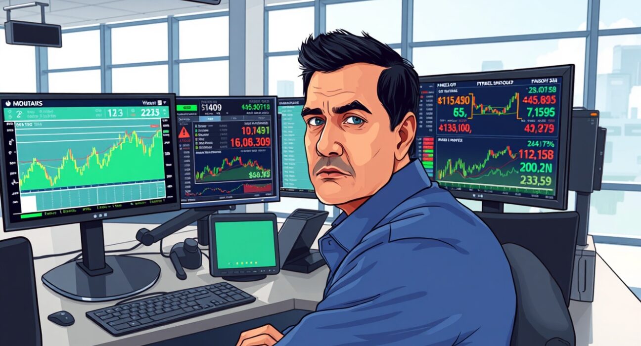 Trader in Mumbai analyzing USD/INR forex rates and oil price data on trading screens.