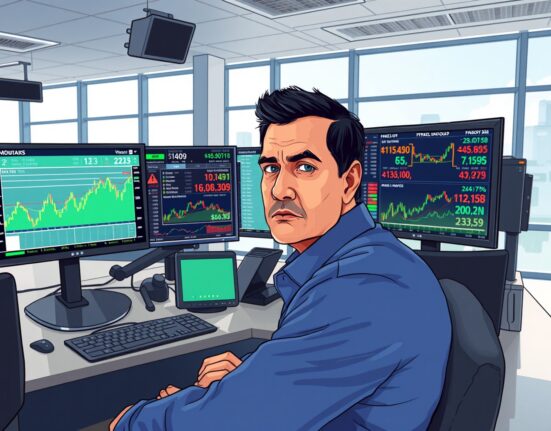 Trader in Mumbai analyzing USD/INR forex rates and oil price data on trading screens.