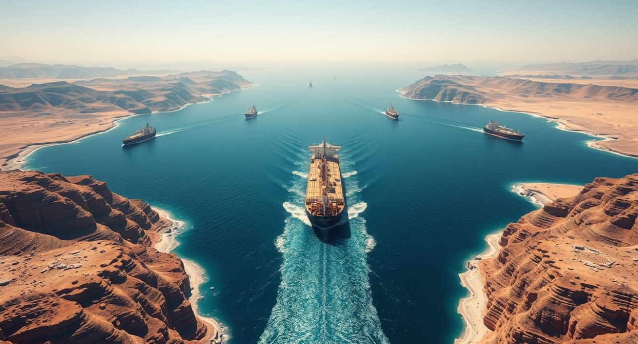 Oil tankers navigating the strategic Strait of Hormuz amid geopolitical tensions affecting USD/INR currency markets.
