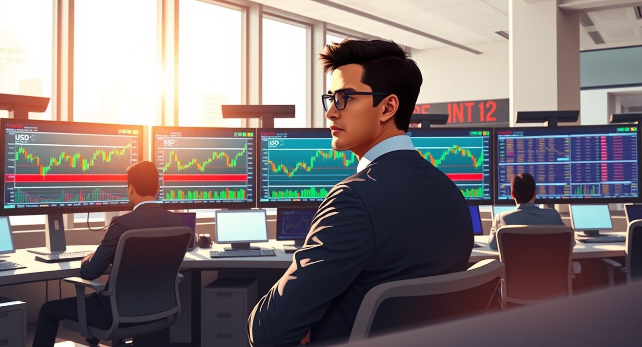 Forex trader analyzing USD/INR exchange rate charts during market movements influenced by US-Iran diplomatic developments