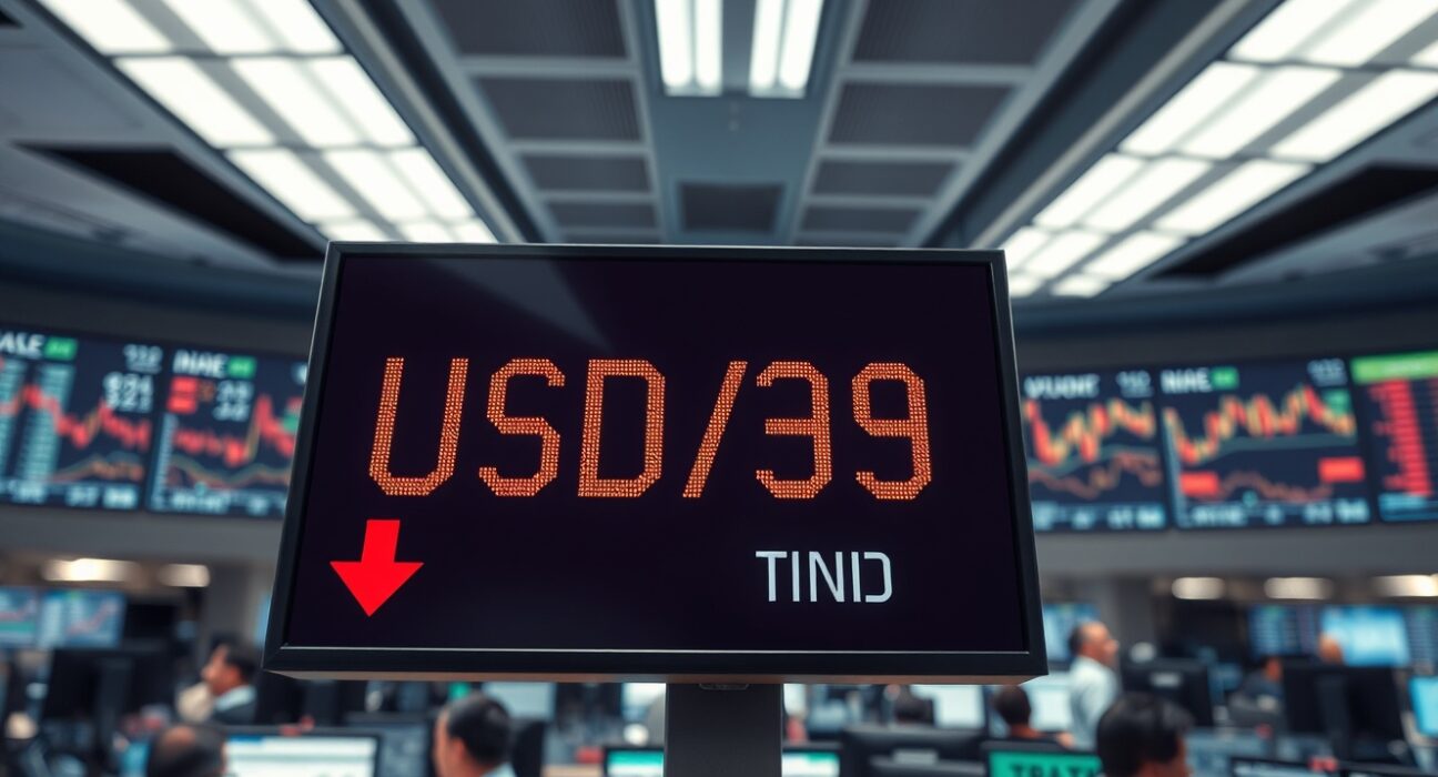 USD/INR exchange rate display showing Indian Rupee depreciation against US Dollar in financial trading environment