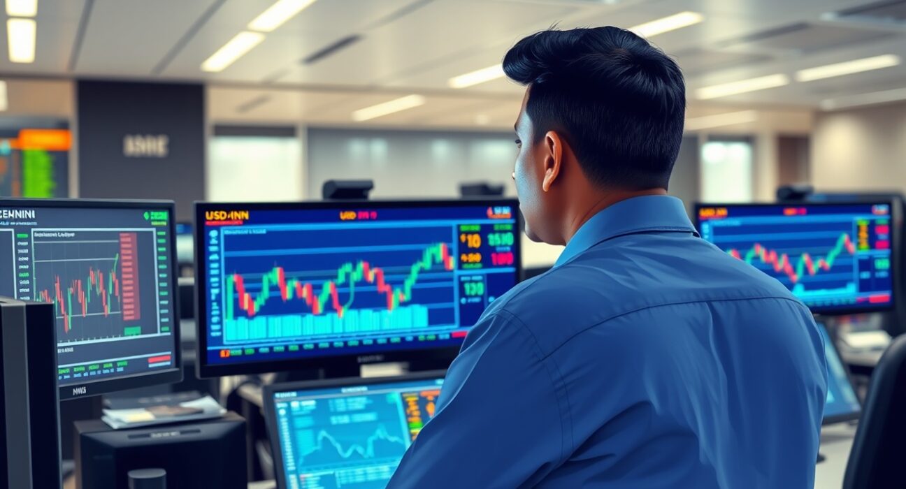 Financial trader analyzing USD/INR exchange rate charts on trading desk monitors