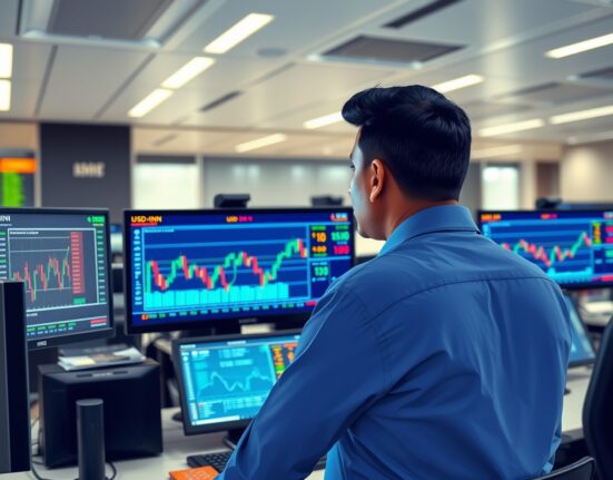 Financial trader analyzing USD/INR exchange rate charts on trading desk monitors