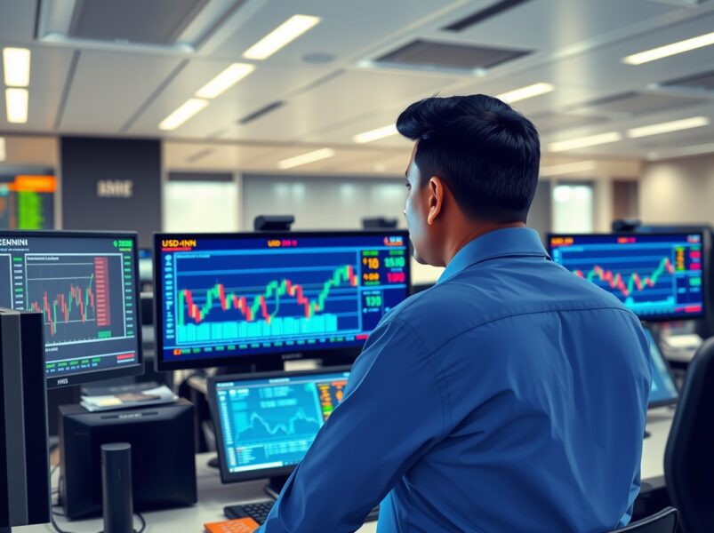 Financial trader analyzing USD/INR exchange rate charts on trading desk monitors