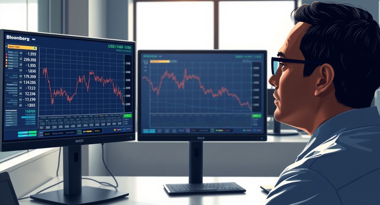 USD/INR exchange rate analysis showing downward trend on trading terminal