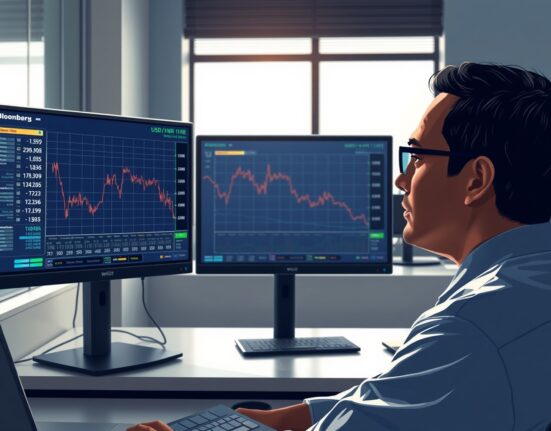 USD/INR exchange rate analysis showing downward trend on trading terminal