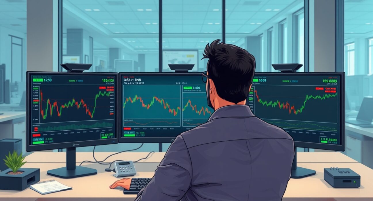 Professional trader analyzing USD/INR exchange rate stability on financial trading screens in Mumbai