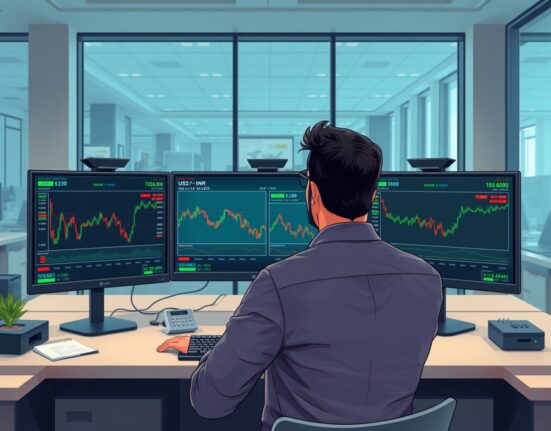 Professional trader analyzing USD/INR exchange rate stability on financial trading screens in Mumbai