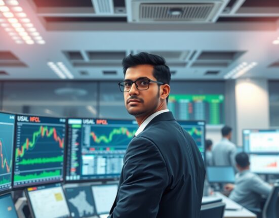Forex trader analyzing USD/INR exchange rate charts on trading desk in Mumbai financial district