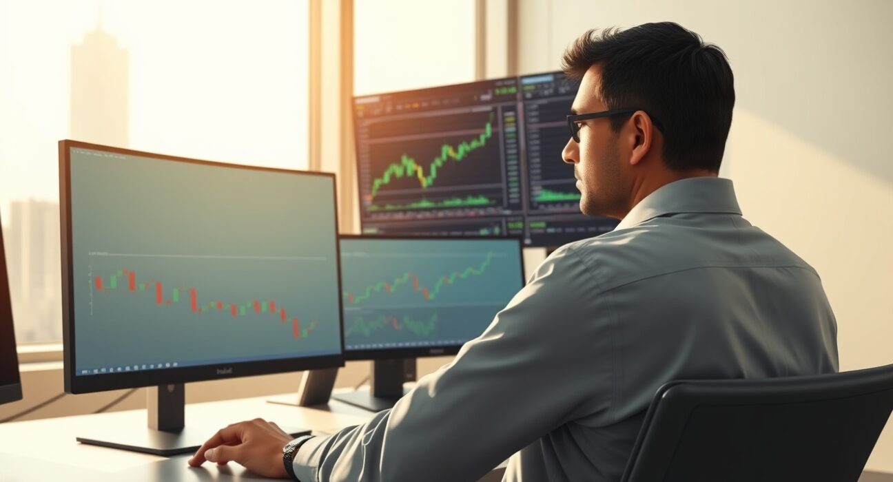 Professional forex trader analyzing USD/INR exchange rate charts in Mumbai financial office