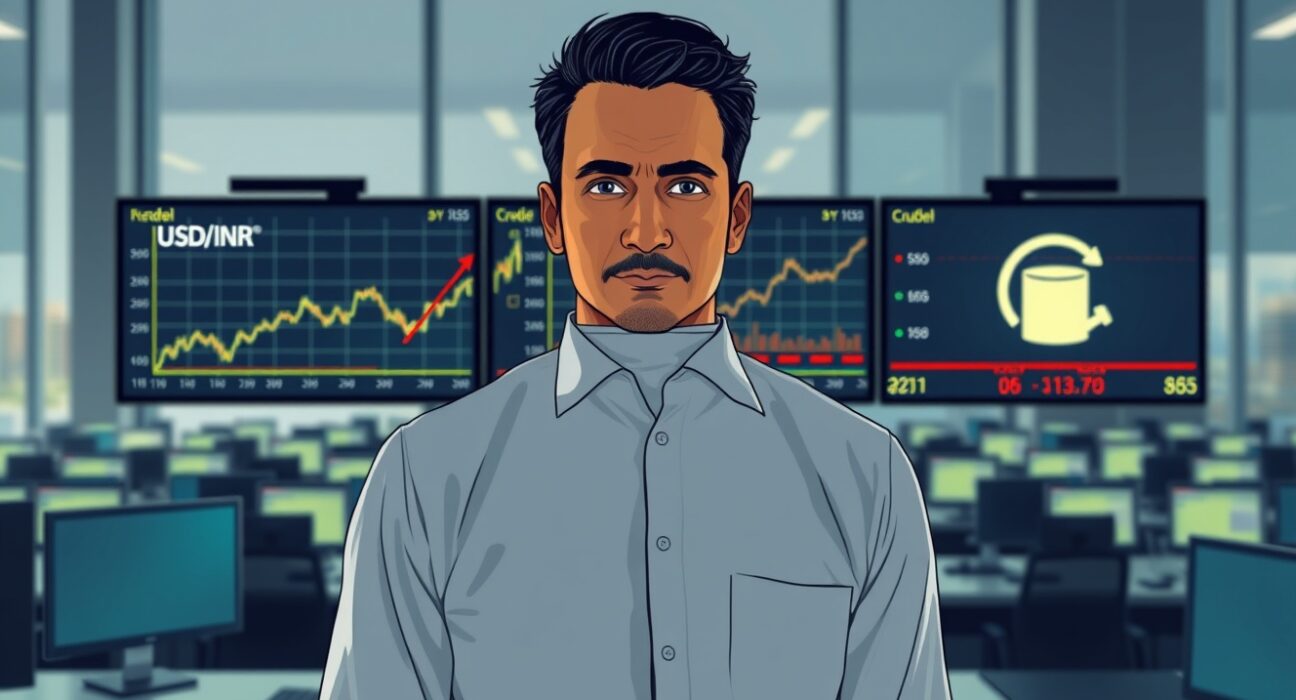 USD/INR exchange rate chart with upward trend as oil prices rise, showing rupee depreciation pressure on Indian economy