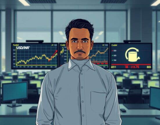 USD/INR exchange rate chart with upward trend as oil prices rise, showing rupee depreciation pressure on Indian economy