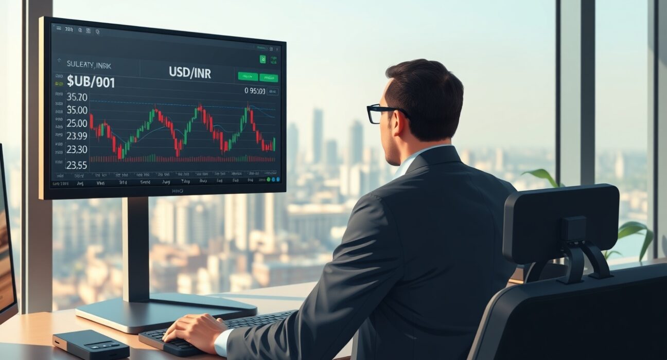 Trader analyzing USD/INR exchange rate charts as Iran truce impacts currency markets.