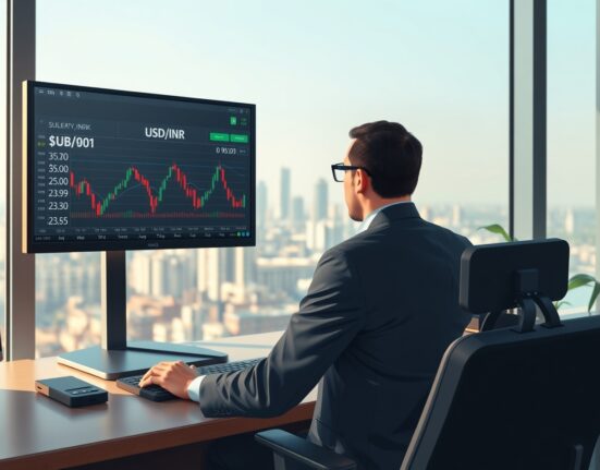 Trader analyzing USD/INR exchange rate charts as Iran truce impacts currency markets.