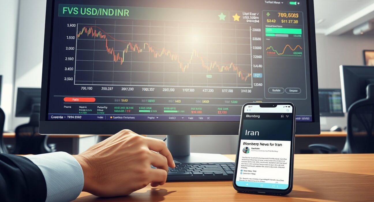 USD/INR exchange rate chart showing decline on trading desk monitor with Iran news context