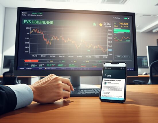 USD/INR exchange rate chart showing decline on trading desk monitor with Iran news context