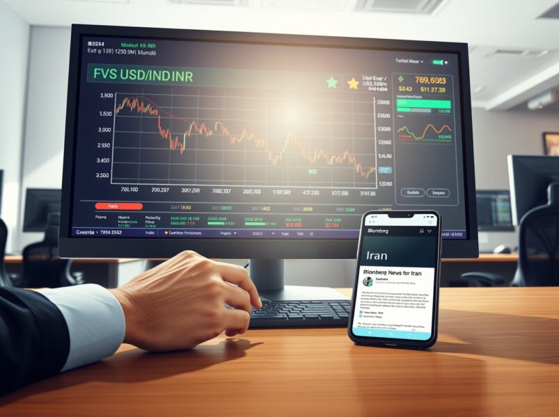 USD/INR exchange rate chart showing decline on trading desk monitor with Iran news context