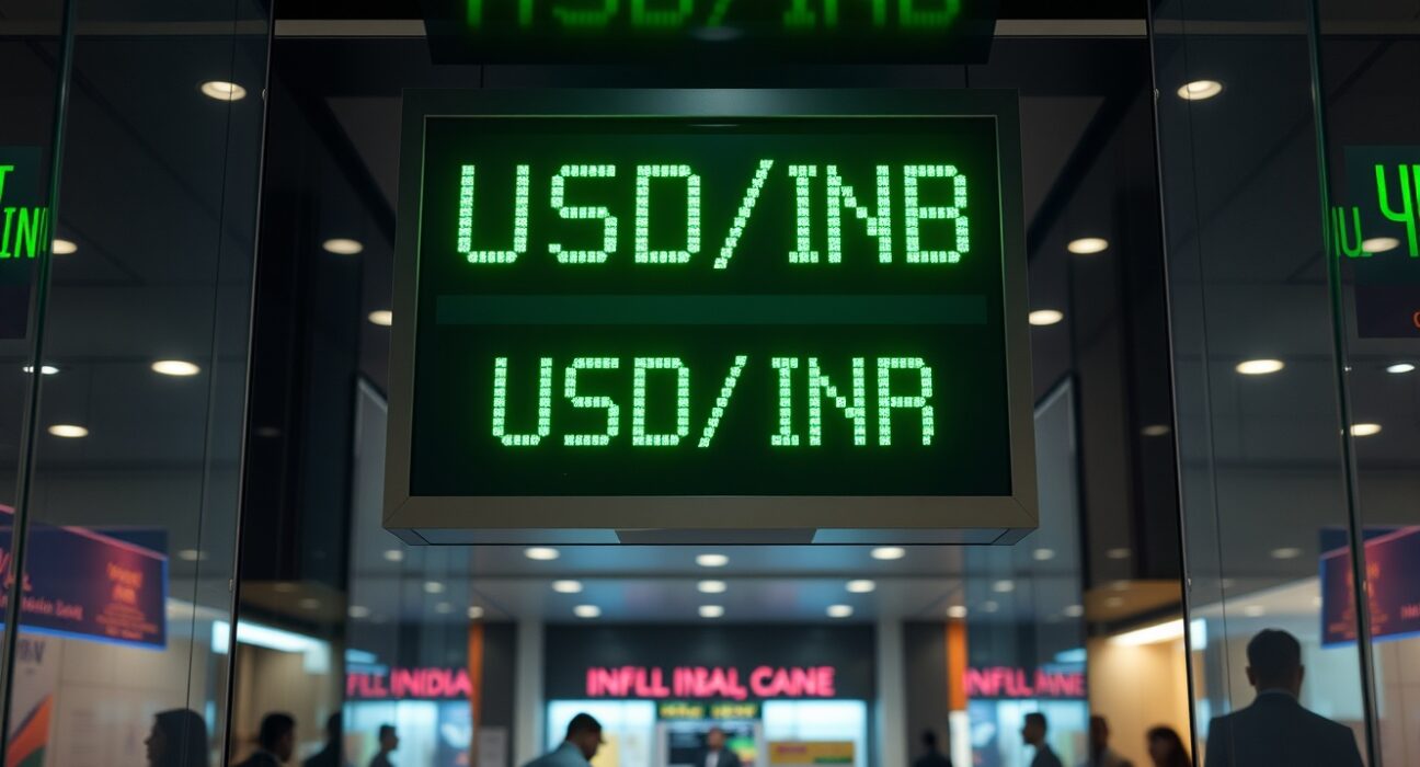 Digital currency exchange board showing USD/INR rate in a modern financial setting