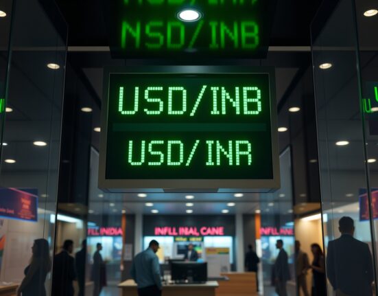 Digital currency exchange board showing USD/INR rate in a modern financial setting