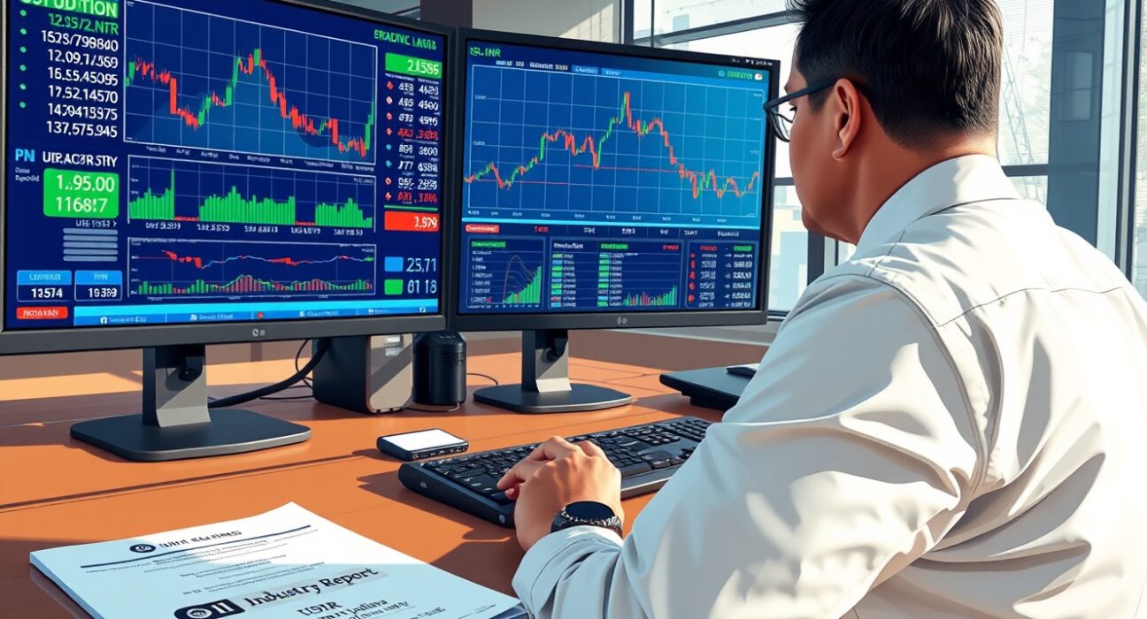 Trader analyzing USD/INR exchange rate after RBI restricts oil refiners from spot dollar purchases