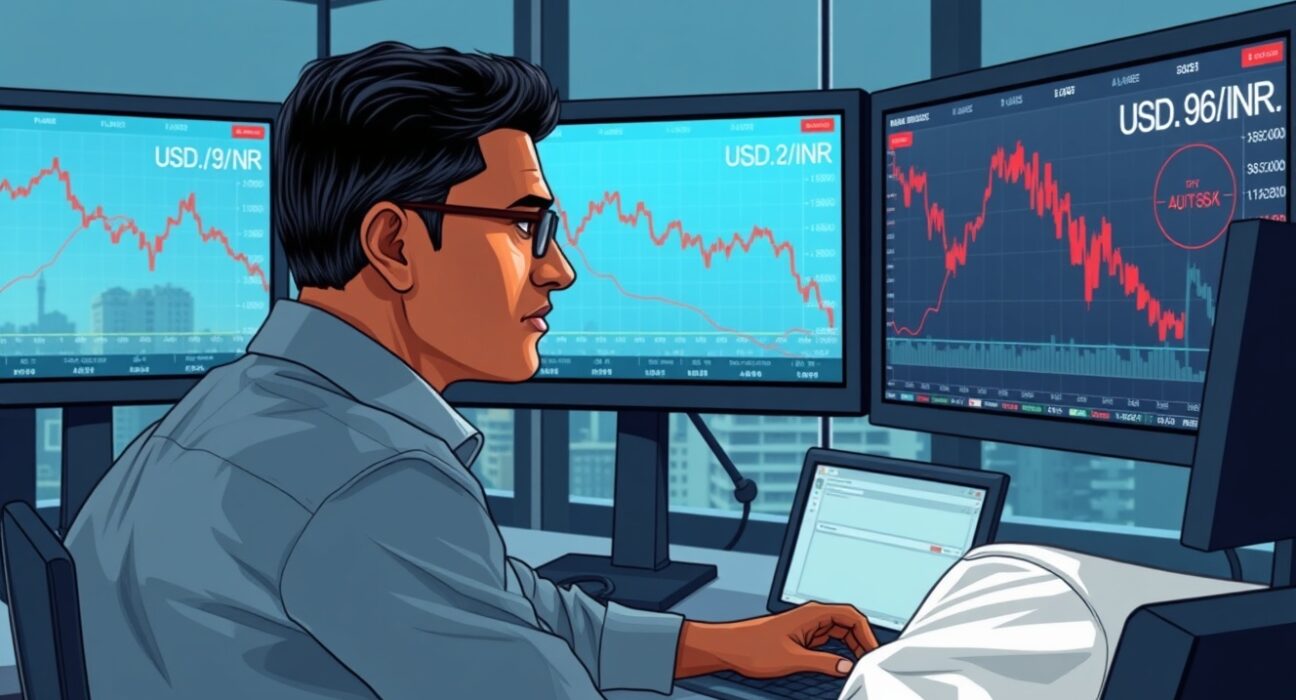 Trader monitors USD/INR forex charts as FII selling and Iran conflict pressure the Indian Rupee.
