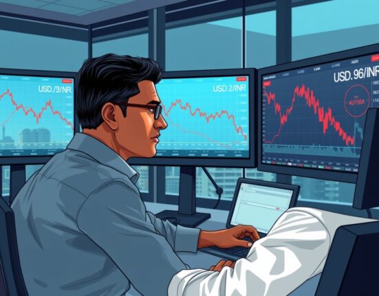 Trader monitors USD/INR forex charts as FII selling and Iran conflict pressure the Indian Rupee.