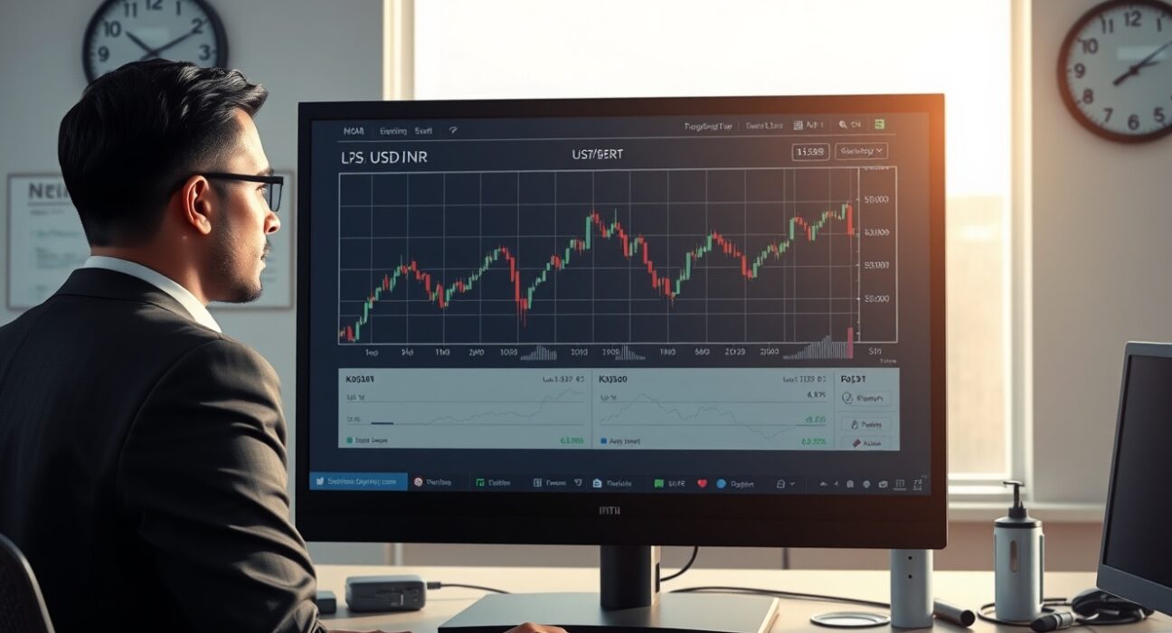 Trader analyzing flat USD/INR exchange rate chart on trading desk monitor