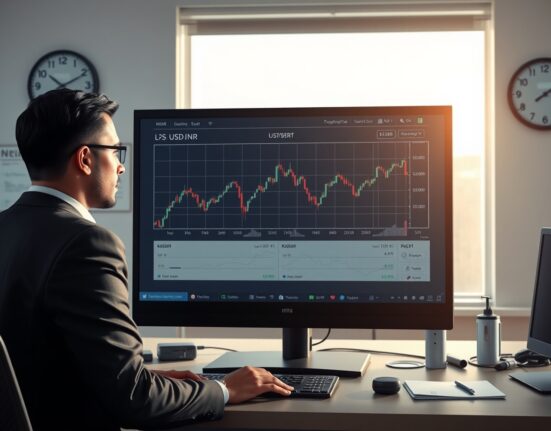 Trader analyzing flat USD/INR exchange rate chart on trading desk monitor