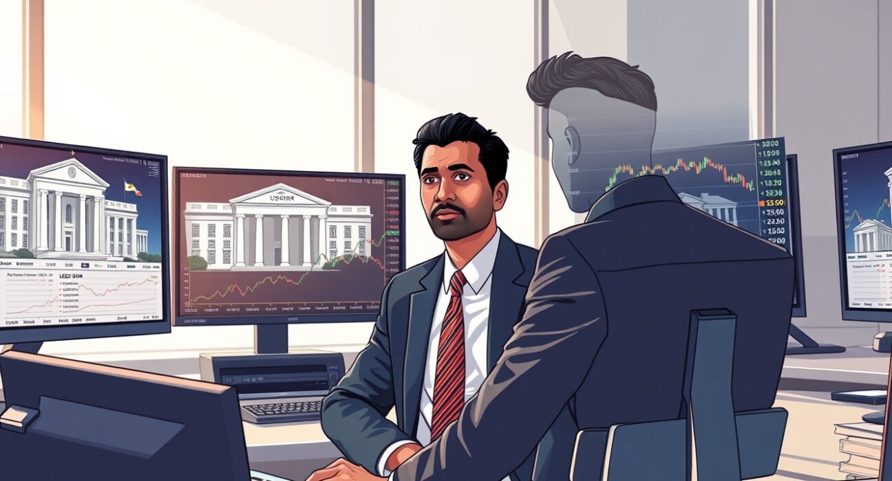 Financial trader analyzing USD/INR exchange rate charts ahead of Federal Reserve monetary policy announcement