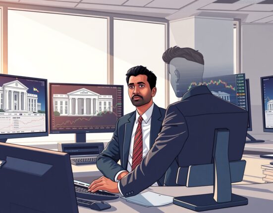 Financial trader analyzing USD/INR exchange rate charts ahead of Federal Reserve monetary policy announcement