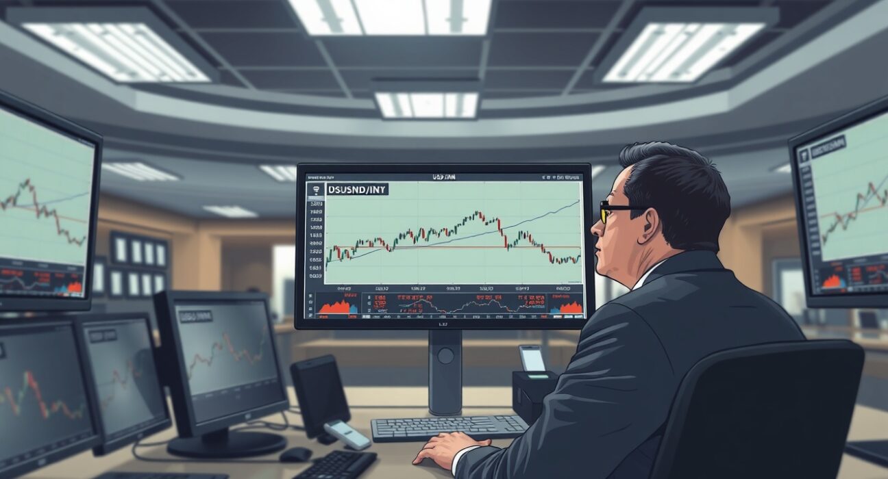 Financial analyst monitoring USD/INR exchange rate charts during Federal Reserve policy announcement period