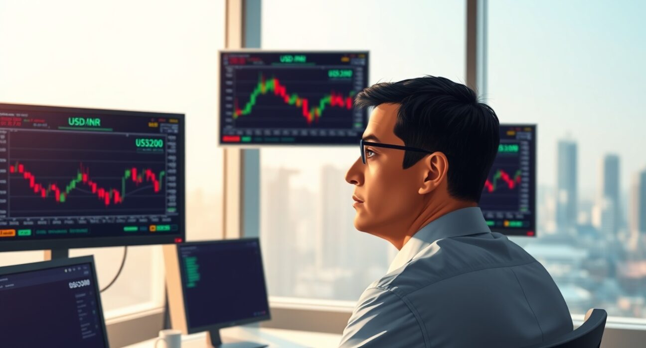 Forex trader analyzing USD/INR currency pair movements on trading desk in Mumbai financial district