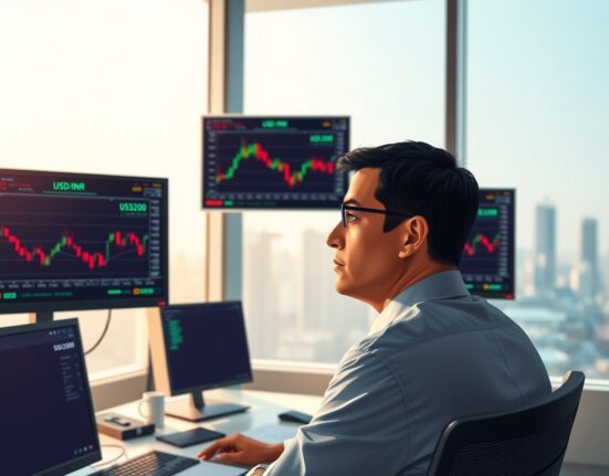 Forex trader analyzing USD/INR currency pair movements on trading desk in Mumbai financial district