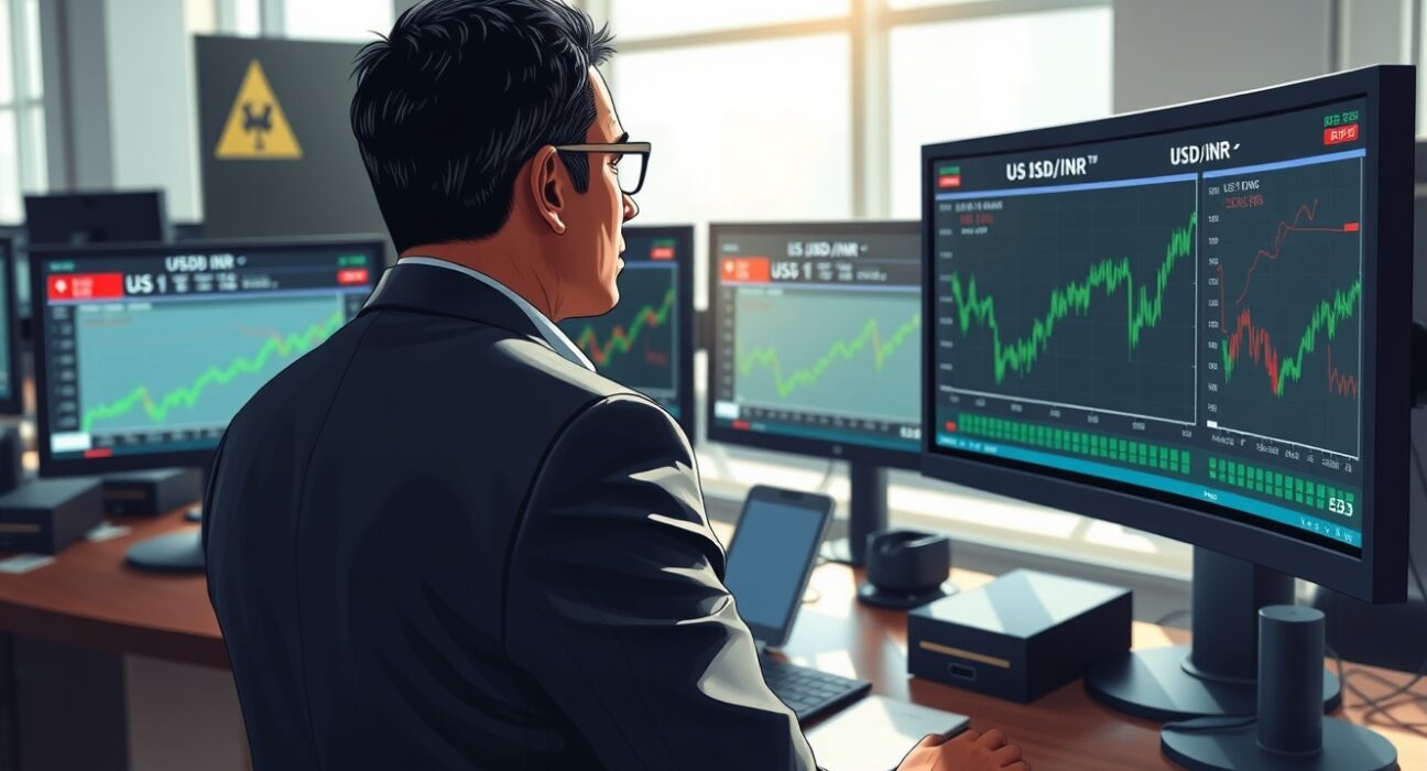 Trader analyzing USD/INR exchange rate movement amid US-Iran geopolitical developments