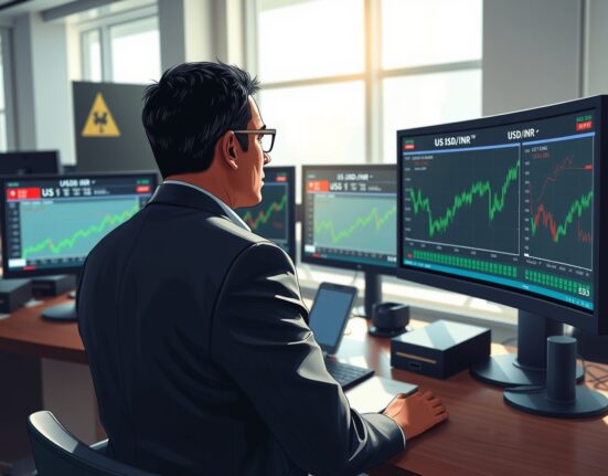 Trader analyzing USD/INR exchange rate movement amid US-Iran geopolitical developments