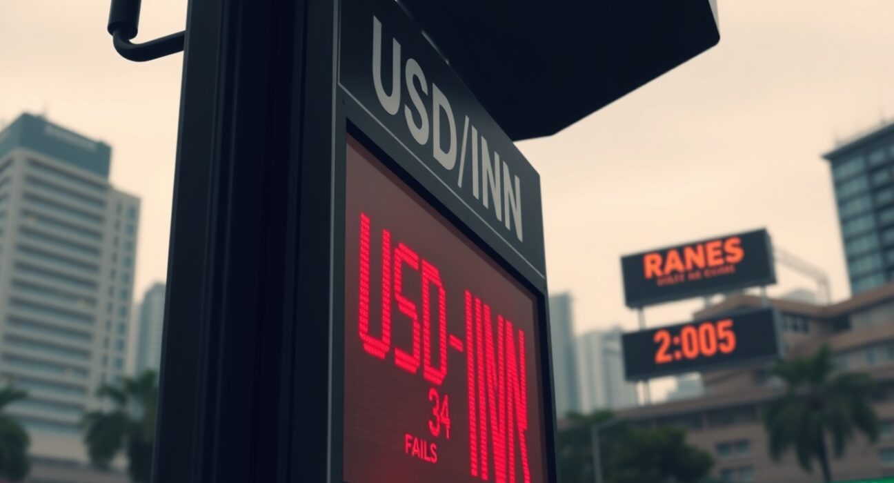 USD/INR exchange rate board in Mumbai shows currency gains as US-Iran ceasefire extension fails to boost Indian Rupee
