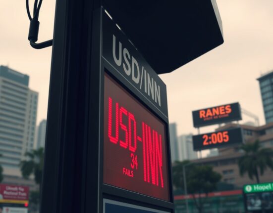 USD/INR exchange rate board in Mumbai shows currency gains as US-Iran ceasefire extension fails to boost Indian Rupee