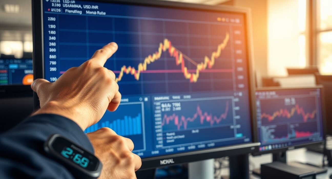 USD/INR forex chart analysis showing Rupee pressure from FII selling and Iran conflict.