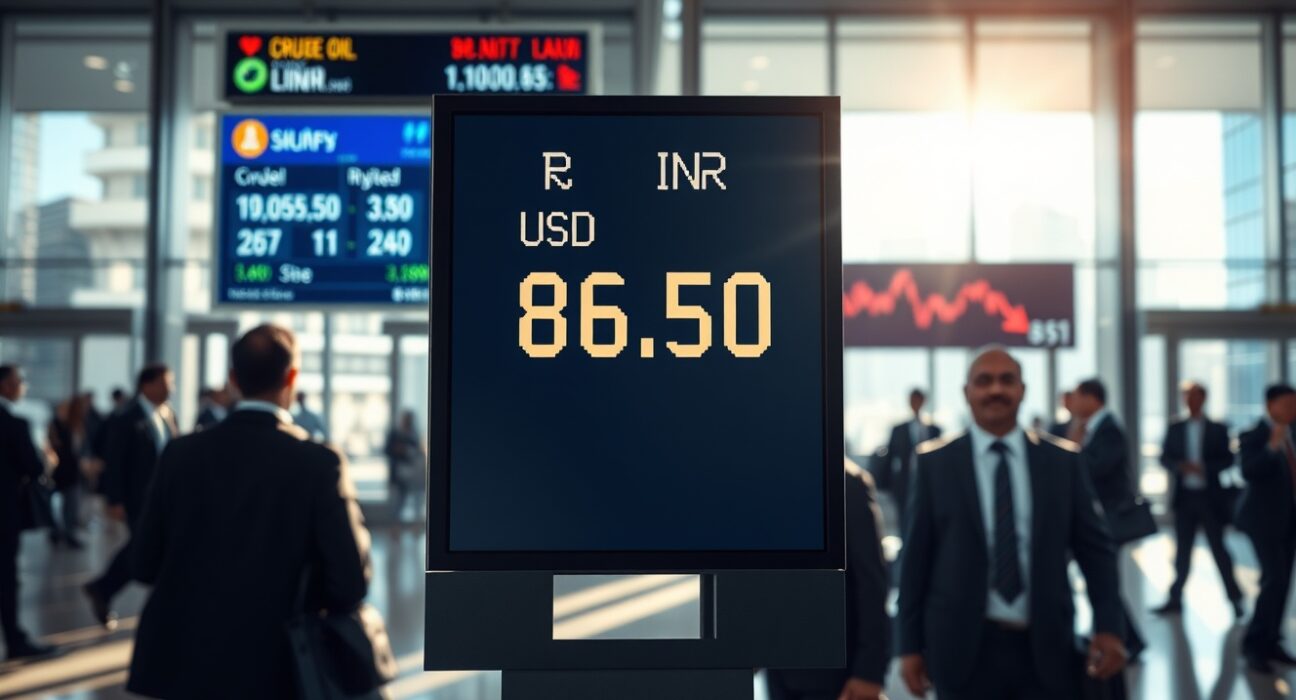 USD/INR exchange rate board showing rupee depreciation amid rising oil prices and FII selling pressure in Indian forex market