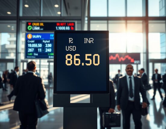 USD/INR exchange rate board showing rupee depreciation amid rising oil prices and FII selling pressure in Indian forex market