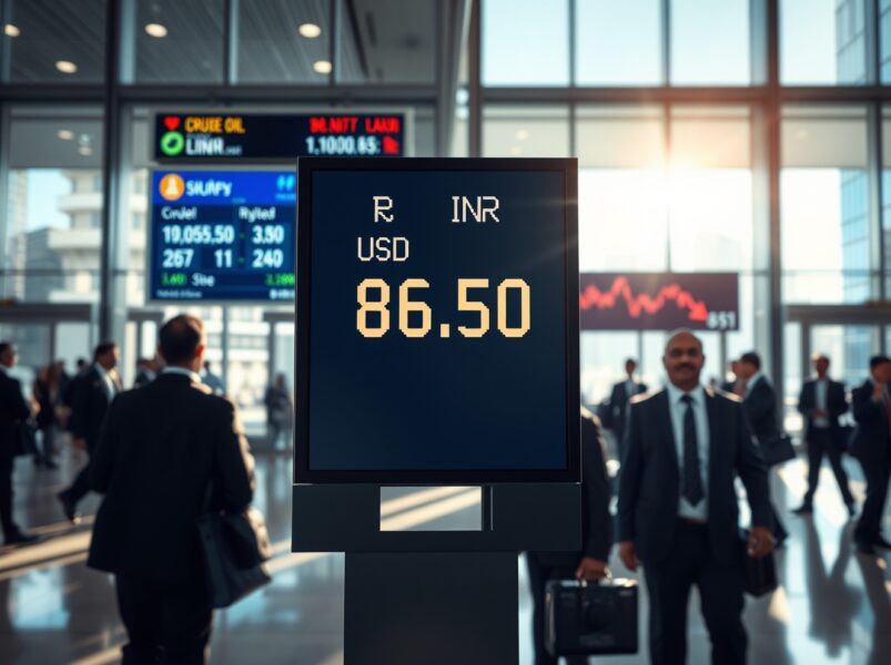 USD/INR exchange rate board showing rupee depreciation amid rising oil prices and FII selling pressure in Indian forex market