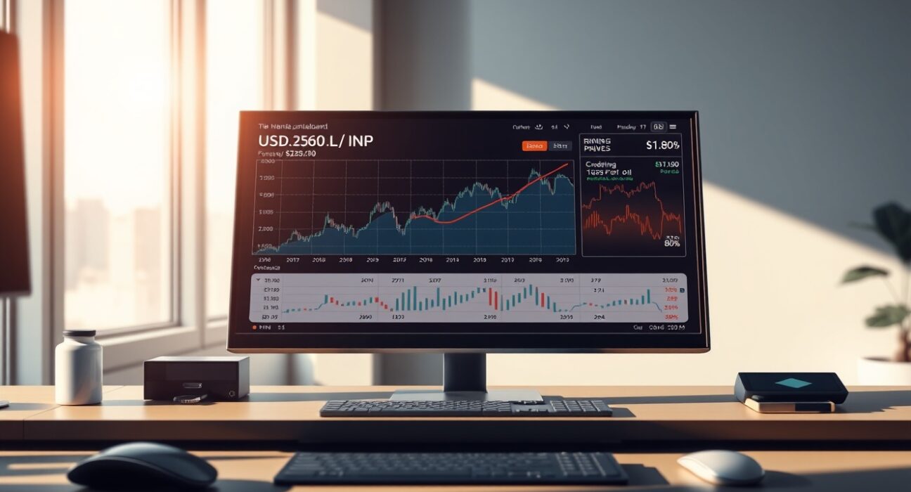 USD/INR exchange rate and oil price charts showing impact on Indian Rupee depreciation in financial markets.