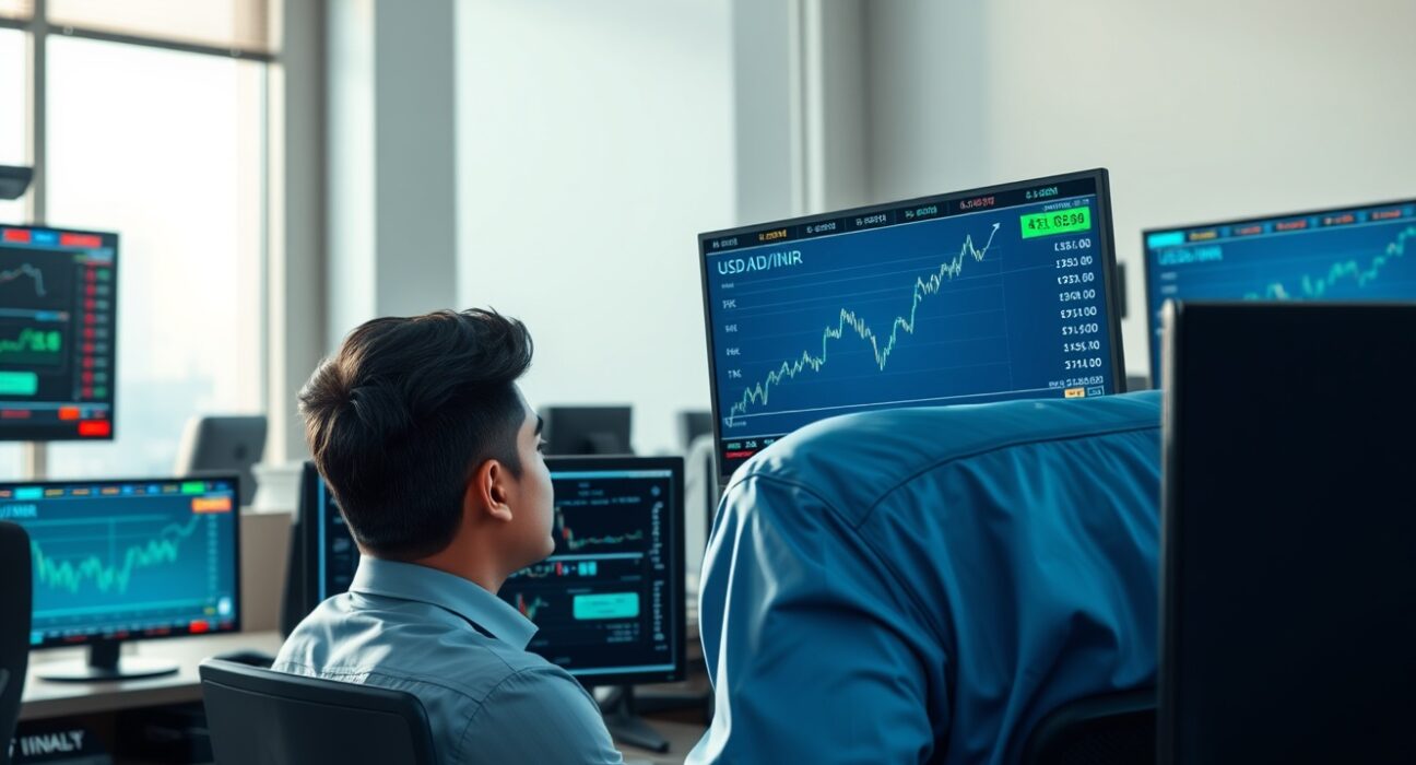 Forex trader analyzing USD/INR exchange rate data following RBI policy changes