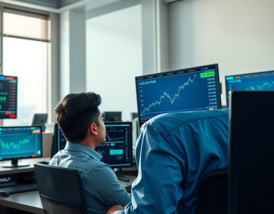 Forex trader analyzing USD/INR exchange rate data following RBI policy changes