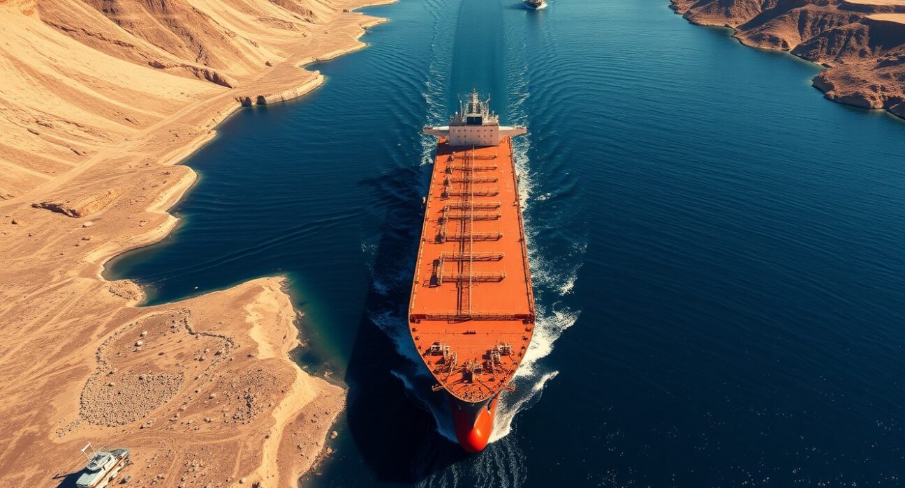 Oil tanker navigating the strategic Strait of Hormuz chokepoint amid geopolitical tensions affecting USD/INR exchange rate.