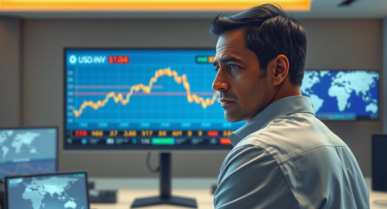 Trader analyzes rising USD/INR exchange rate chart amid Middle East geopolitical tensions affecting forex markets.