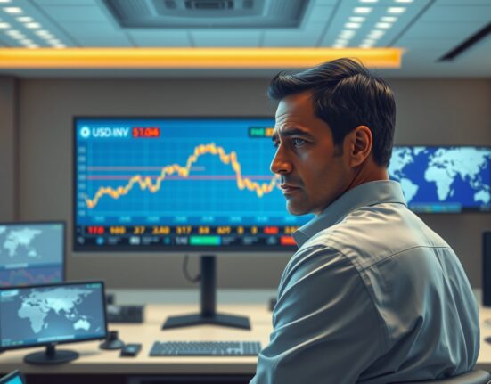 Trader analyzes rising USD/INR exchange rate chart amid Middle East geopolitical tensions affecting forex markets.