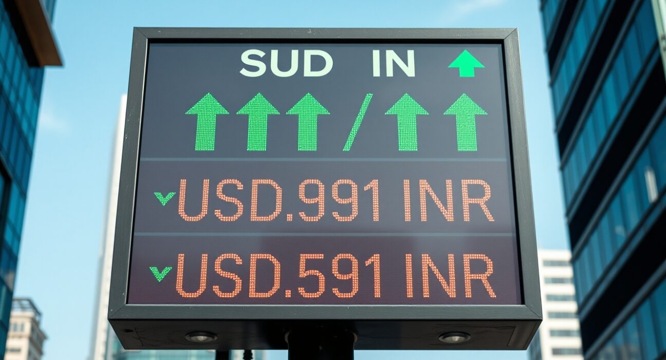 Currency exchange board showing USD/INR rates with crude oil price recovery indicators in Mumbai financial district
