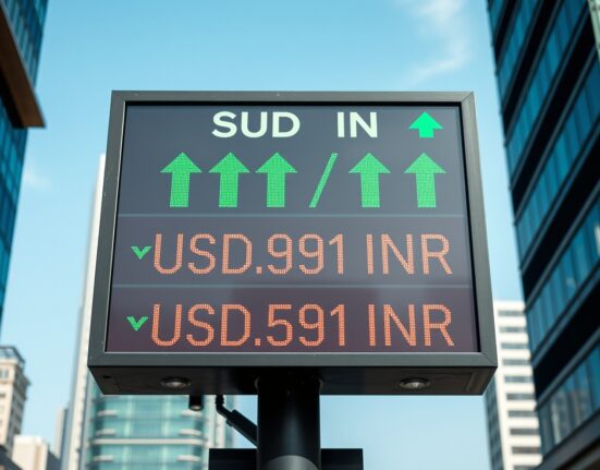 Currency exchange board showing USD/INR rates with crude oil price recovery indicators in Mumbai financial district